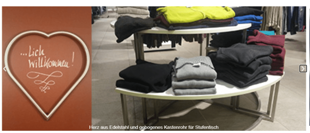 Herz aus Edelstahl und gebogenes Kastenrohr für Stufentisch
